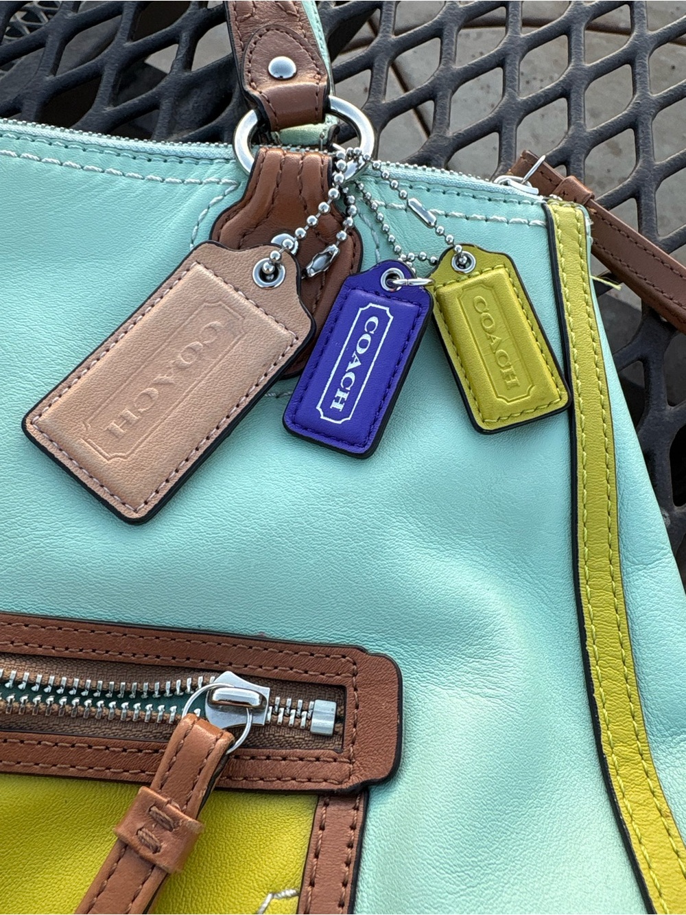 Coach Mint Green and Yellow Leather Shoulder Bag with Brown Trim - Picture 3 of 9